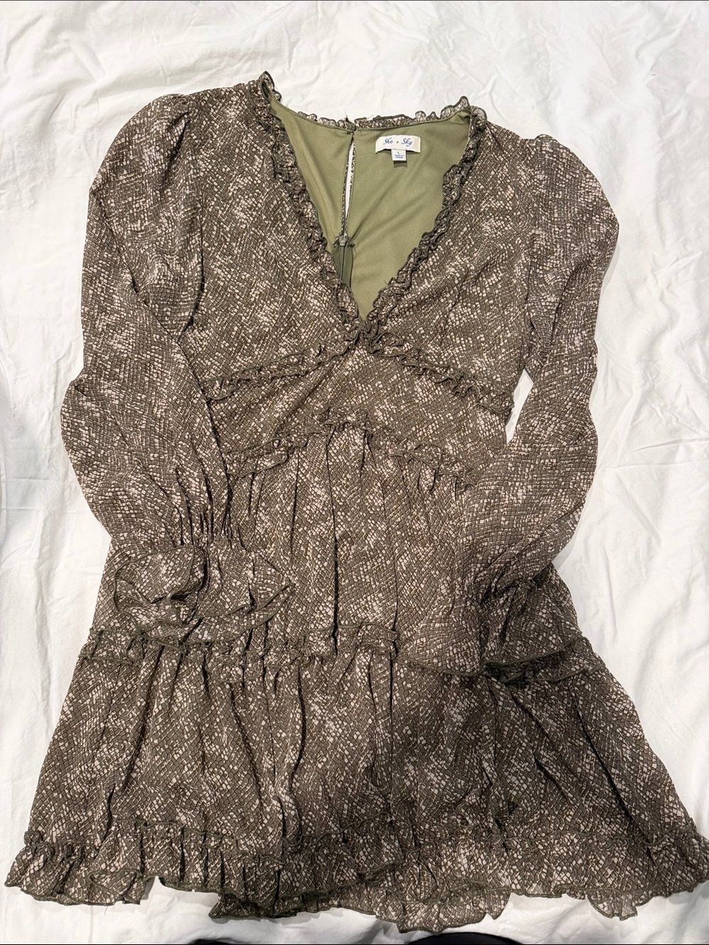 She + Sky olive green Textured Long Sleeve Ruffle Tiered Dress